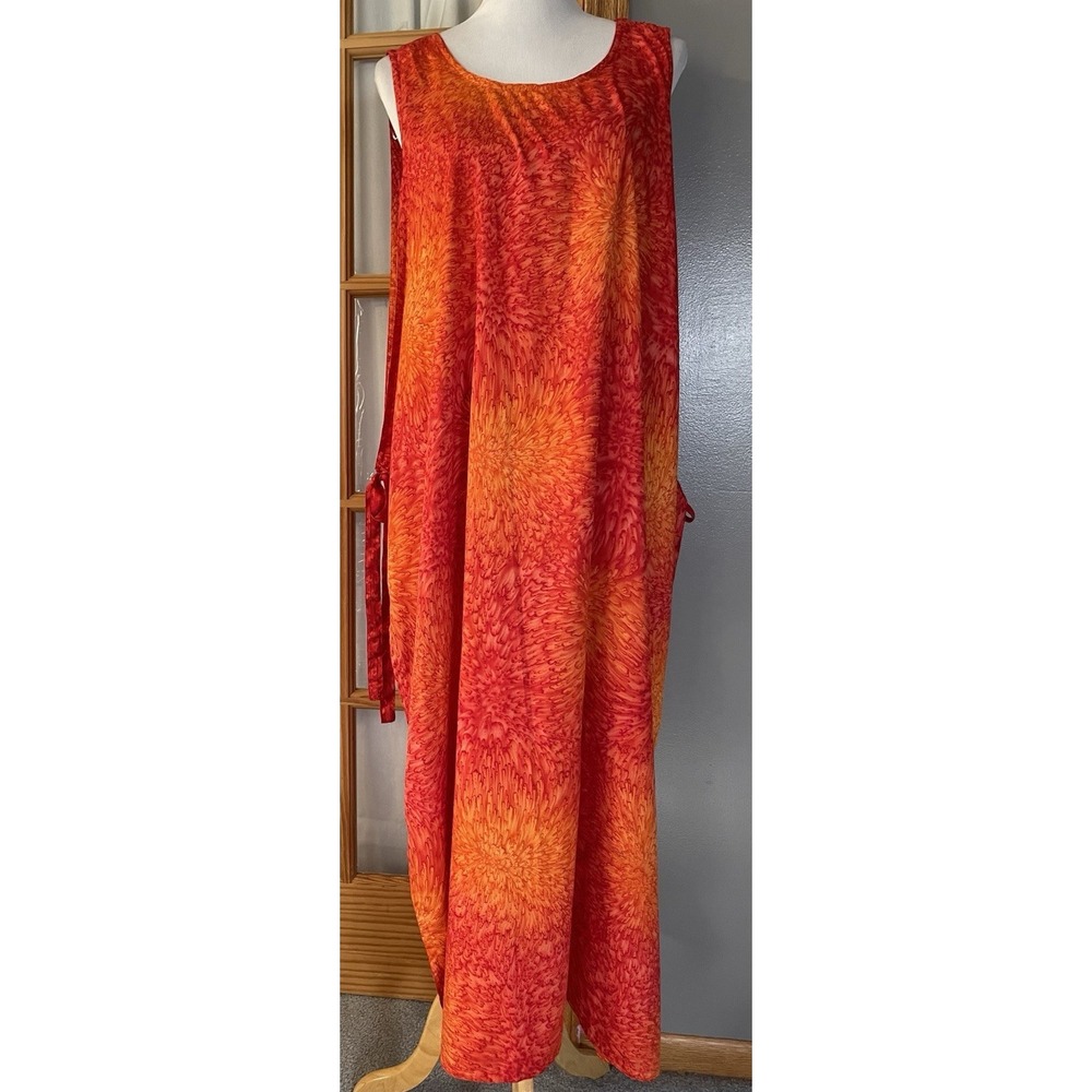 RIMA Kaftan Swimsuit Cover Up OS Red Orange Sunburst Side Tie Beach Resort